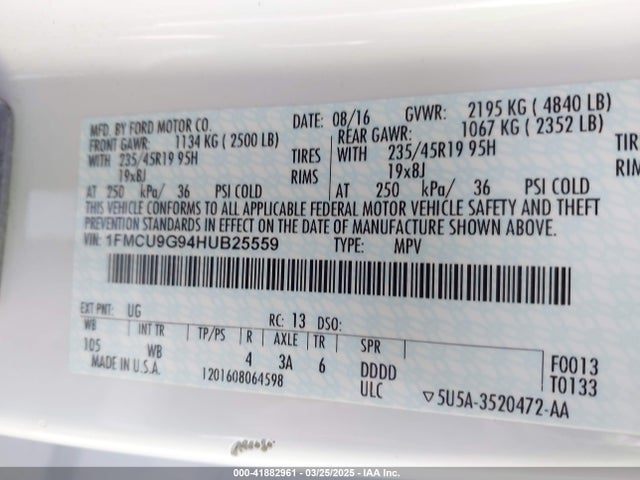 1FMCU9G94HUB25559 Ford ESCAPE SE