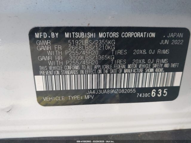 JA4J3UA89NZ082055 Mitsubishi Outlander Black Edition 2wd/se 2.5 2wd/se Launch Edition 2wd