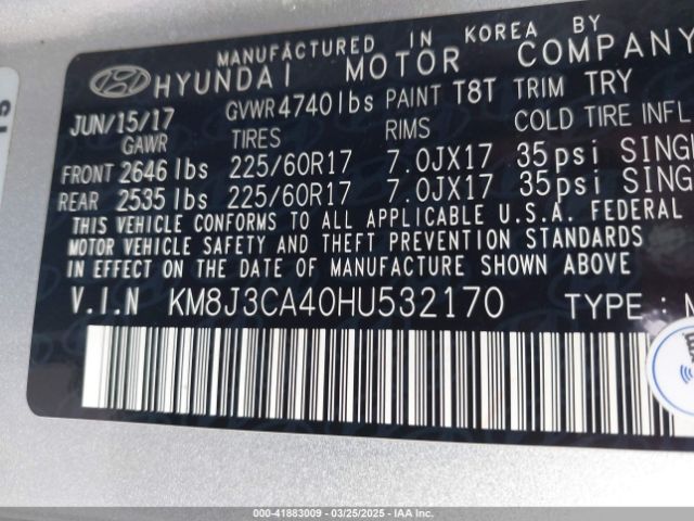 KM8J3CA40HU532170 Hyundai Tucson Se Plus