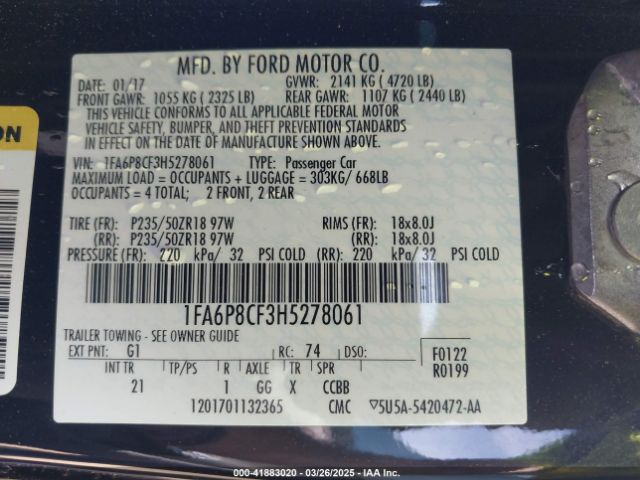 2017 FORD MUSTANG 1FA6P8CF3H5278061 Photo 8