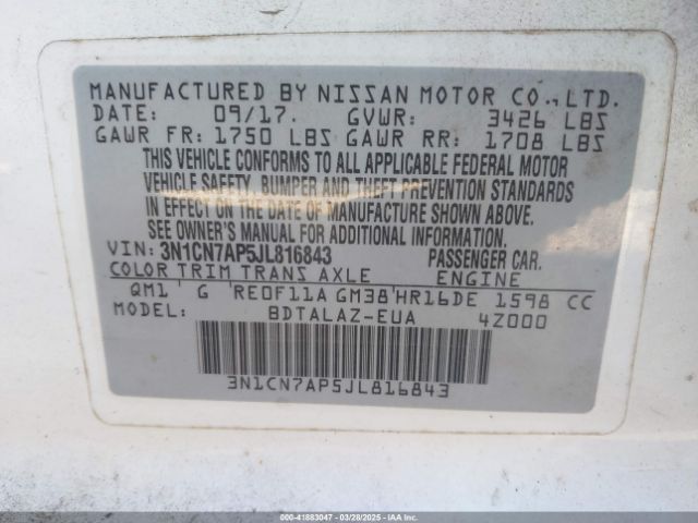 3N1CN7AP5JL816843 Nissan Versa 1.6 S+