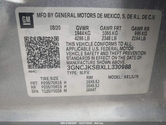 3GNCJKSBXLL330988 Chevrolet Trax Fwd Ls