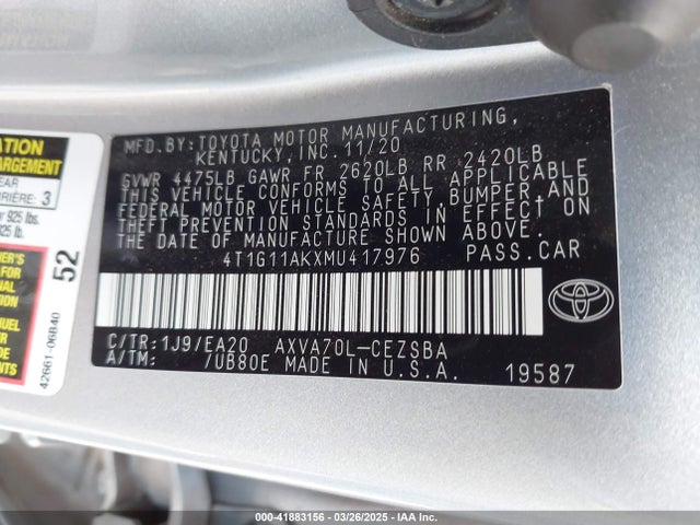 4T1G11AKXMU417976 Toyota CAMRY SE