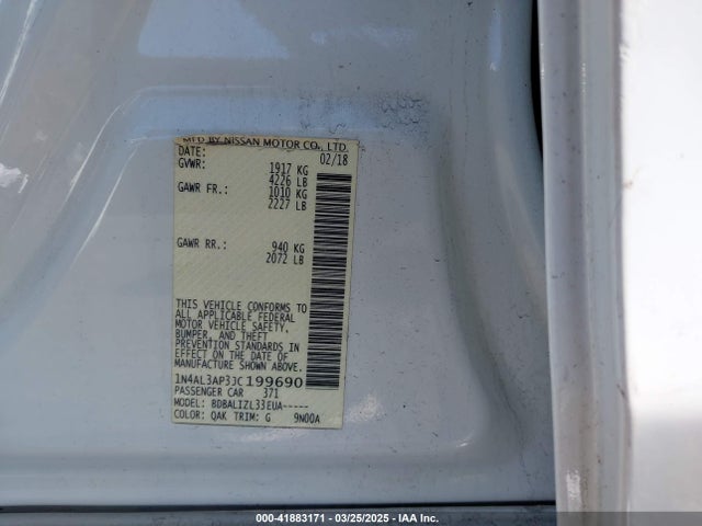 1N4AL3AP3JC199690 Nissan Altima 2.5 Sv