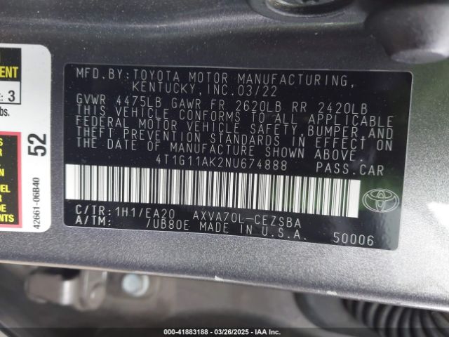 4T1G11AK2NU674888 Toyota CAMRY SE