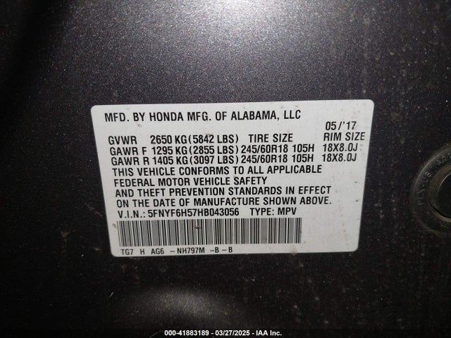 5FNYF6H57HB043056 Honda Pilot Ex-l