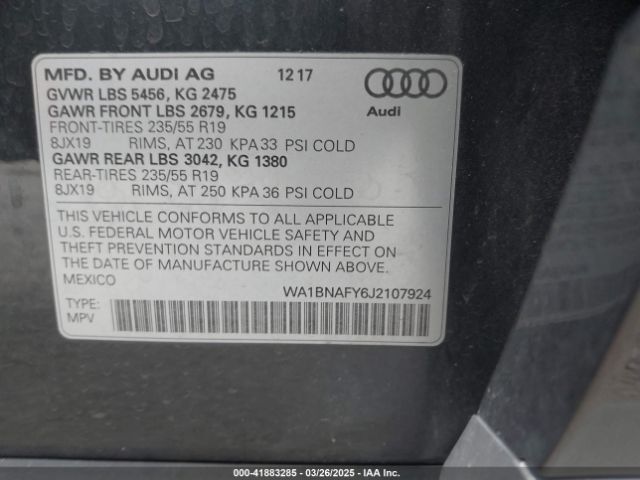 WA1BNAFY6J2107924 Audi Q5 2.0t Premium/2.0t Tech Premium