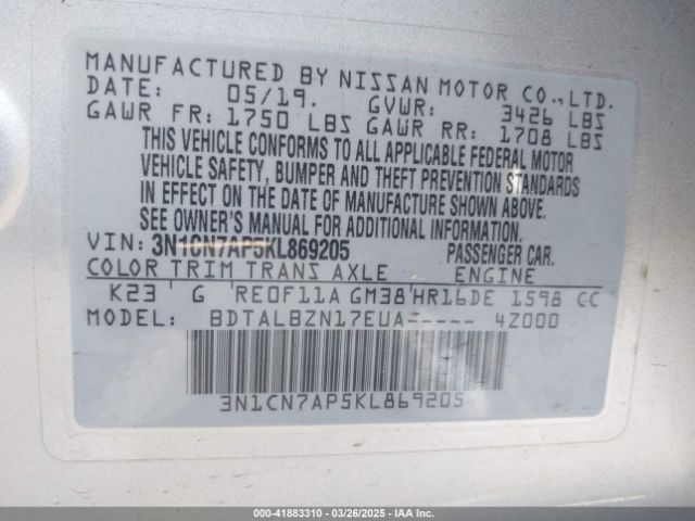 3N1CN7AP5KL869205 Nissan Versa 1.6 Sv