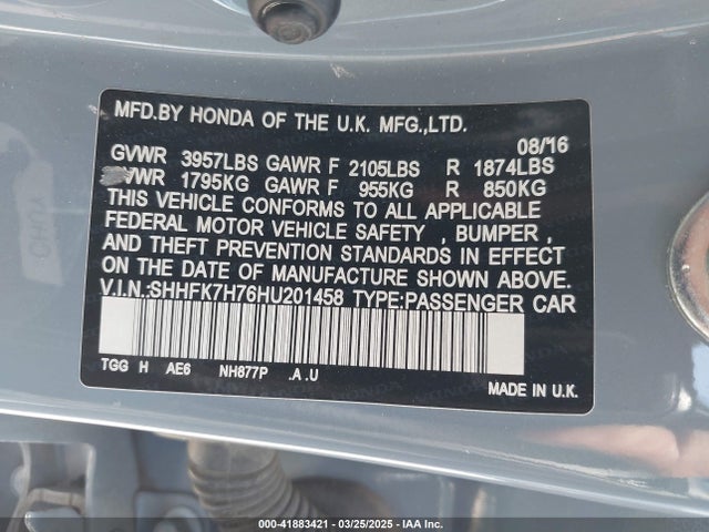 SHHFK7H76HU201458 Honda Civic Ex-l