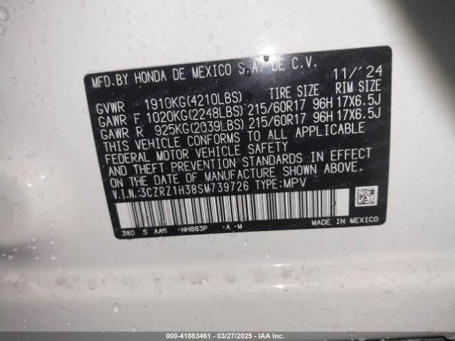 3CZRZ1H38SM739726 Honda Hr-v 2wd Lx