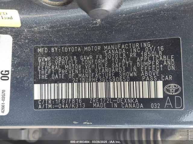 2T1BURHE3GC590650 Toyota COROLLA LE