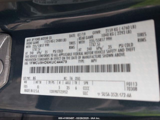 1FMCU9HD6KUC44479 Ford ESCAPE SEL