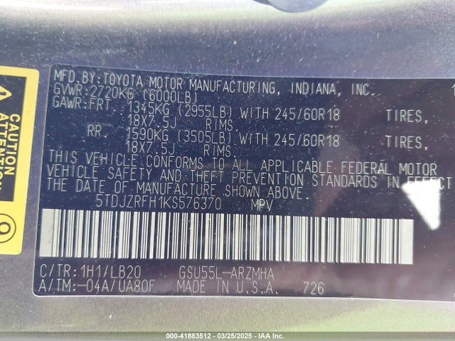 5TDJZRFH1KS576370 Toyota Highlander Xle