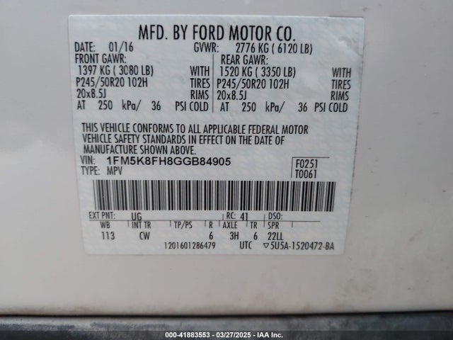 1FM5K8FH8GGB84905 Ford Explorer Limited