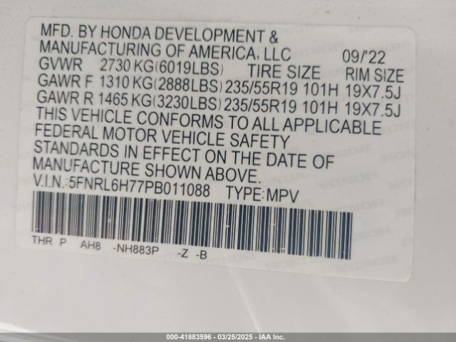 5FNRL6H77PB011088 Honda Odyssey Sport