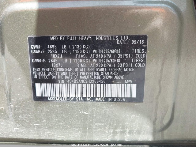 4S4BSANC9H3266456 Subaru Outback 2.5i Limited