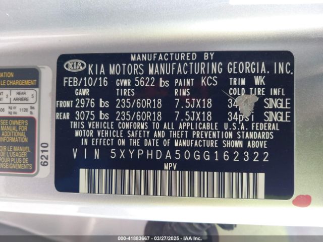 5XYPHDA50GG162322 KIA Sorento 3.3l Ex