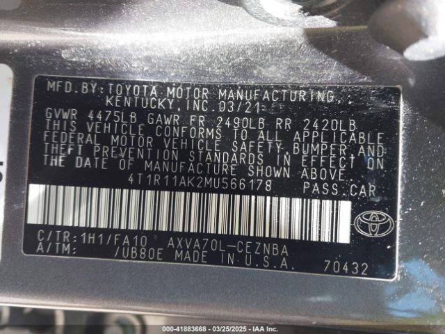4T1R11AK2MU566178 Toyota CAMRY LE