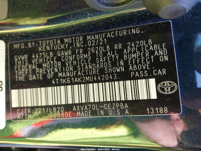 4T1K61AK2MU442043 Toyota CAMRY XSE