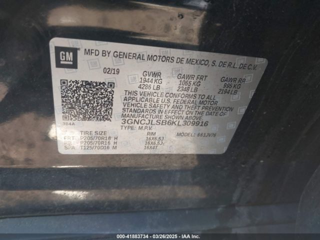 3GNCJLSB6KL309916 Chevrolet Trax Lt