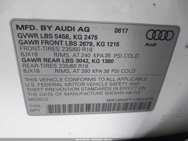 WA1ANAFY1J2043576 Audi 2018