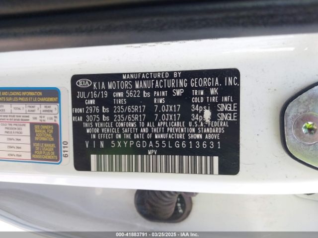 5XYPGDA55LG613631 KIA Sorento 3.3l Lx