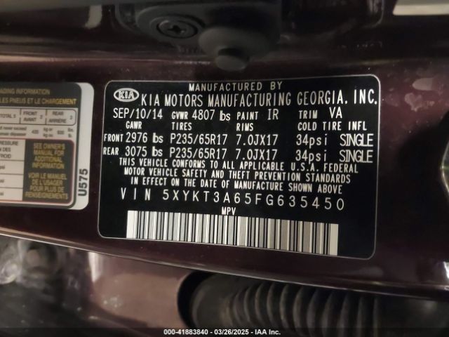 5XYKT3A65FG635450 KIA SORENTO LX