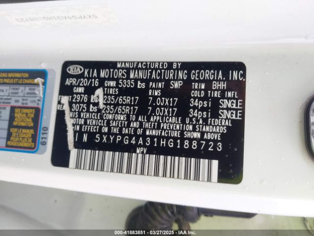 5XYPG4A31HG188723 KIA Sorento 2.4l Lx