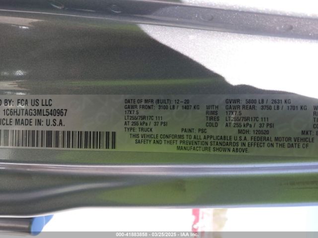 1C6HJTAG3ML540967 Jeep Gladiator Willys 4x4