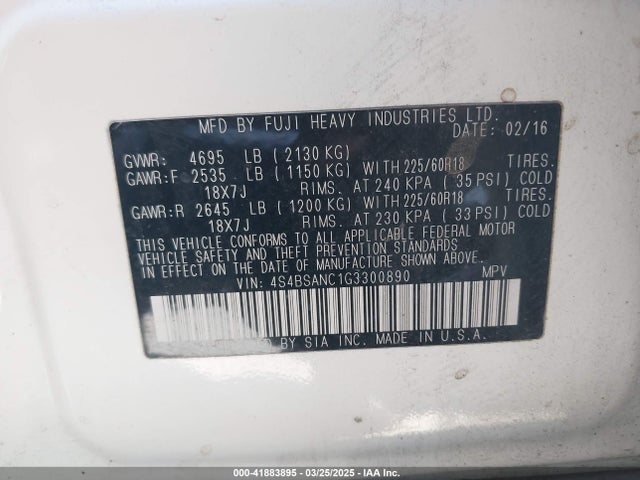 4S4BSANC1G3300890 Subaru Outback 2.5i Limited