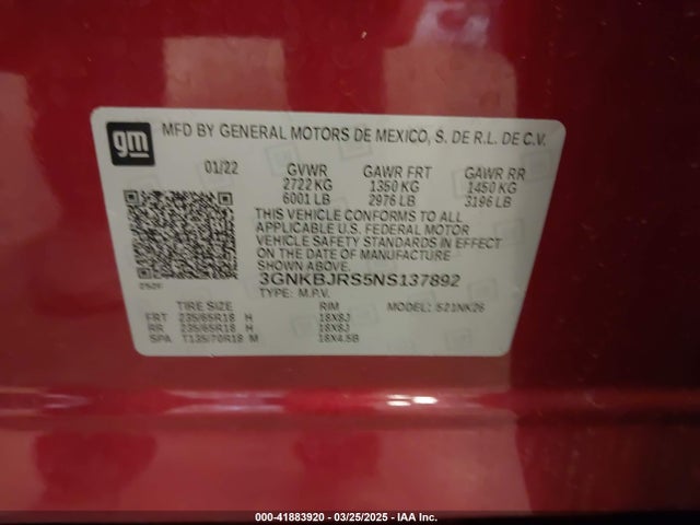 3GNKBJRS5NS137892 Chevrolet Blazer Awd 3lt