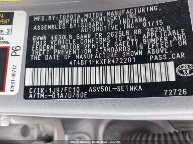 4T4BF1FKXFR472201 Toyota CAMRY LE