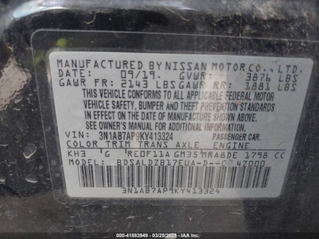3N1AB7AP9KY413324 Nissan Sentra S/sv/sr/sl