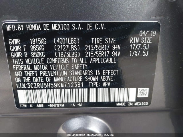 3CZRU5H59KM712381 Honda HR-V EX