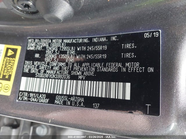 Toyota Highlander Limited Platinum 2019 5TDDZRFH2KS992036 Image 9
