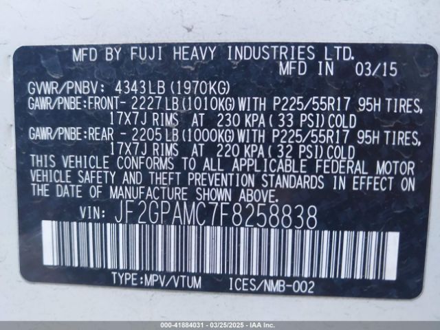 JF2GPAMC7F8258838 Subaru Xv Crosstrek 2.0i Limited