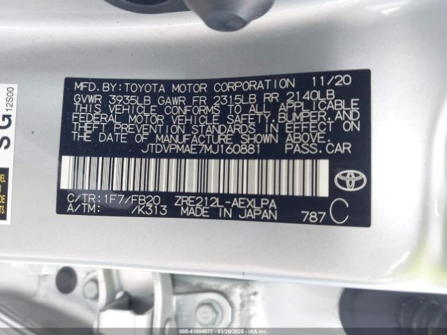 JTDVPMAE7MJ160881 Toyota COROLLA LE