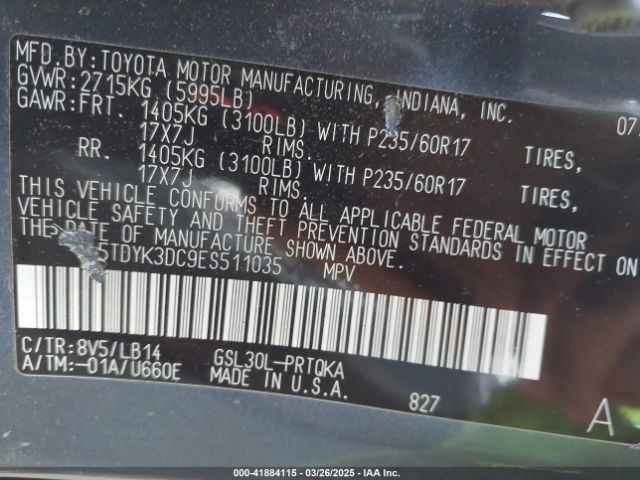 5TDYK3DC9ES511035 Toyota Sienna Xle V6 8 Passenger
