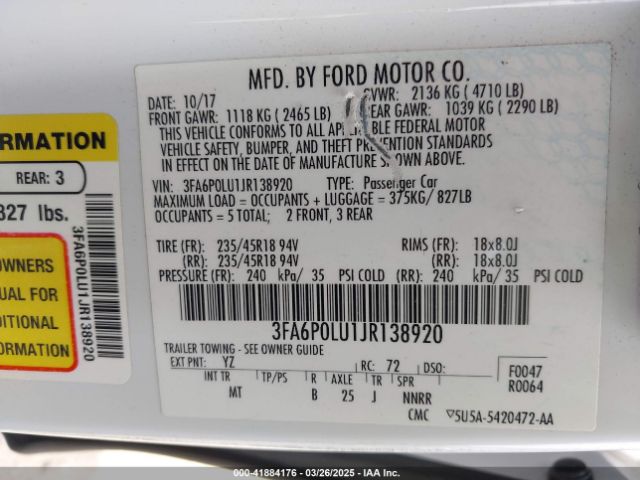 3FA6P0LU1JR138920 Ford Fusion Hybrid Se