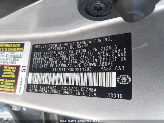 4T1B11HK3KU241995 Toyota CAMRY LE
