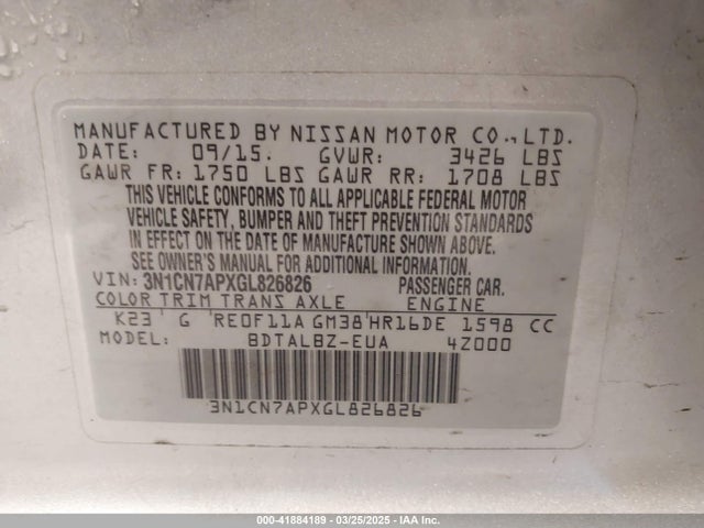 3N1CN7APXGL826826 Nissan Versa