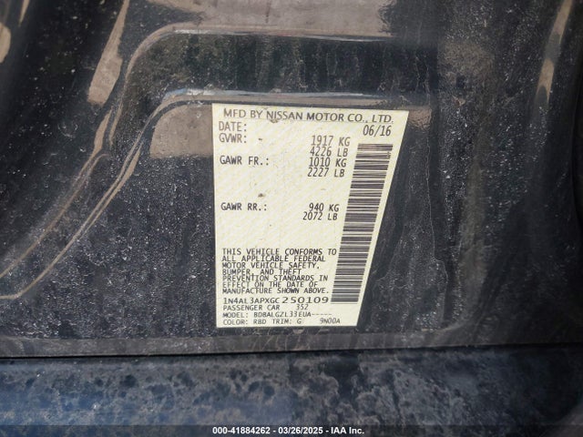 1N4AL3APXGC250109 Nissan Altima 2.5/2.5 S/2.5 Sl/2.5 Sr/2.5 Sv