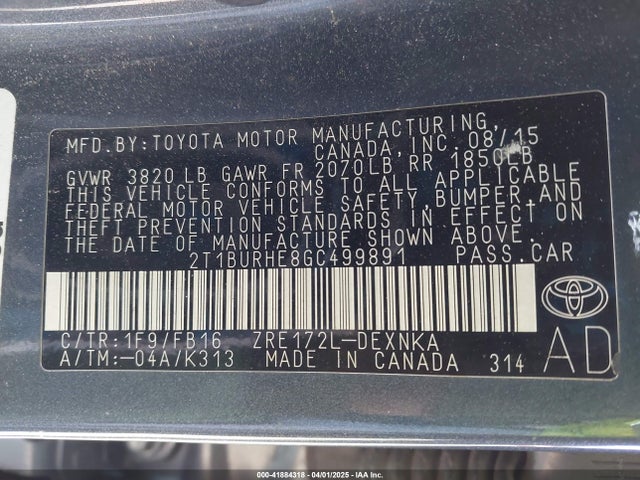 2T1BURHE8GC499891 Toyota COROLLA LE