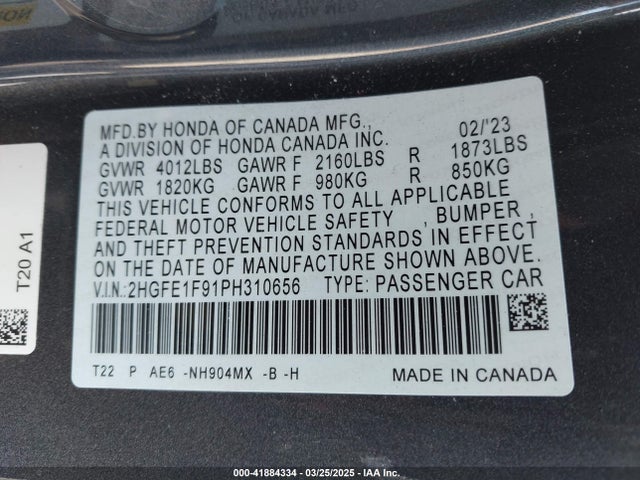2HGFE1F91PH310656 Honda Civic Touring