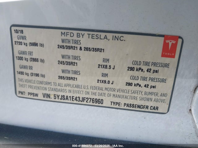 2018 TESLA MODEL S 5YJSA1E43JF276960 Photo 8