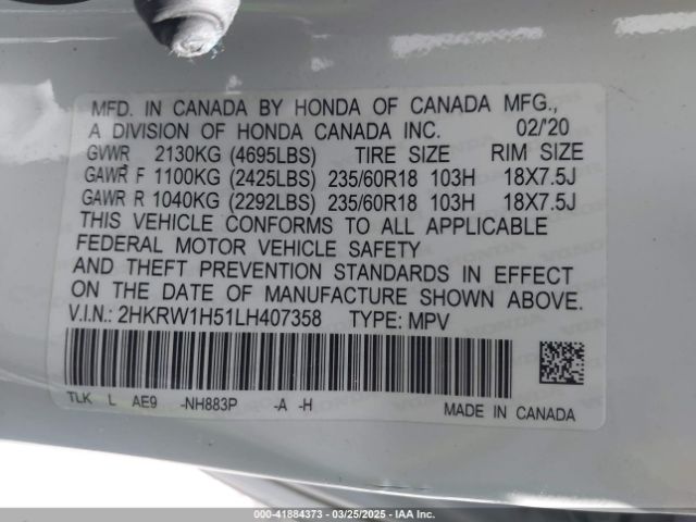 2HKRW1H51LH407358 Honda Cr-v 2wd Ex