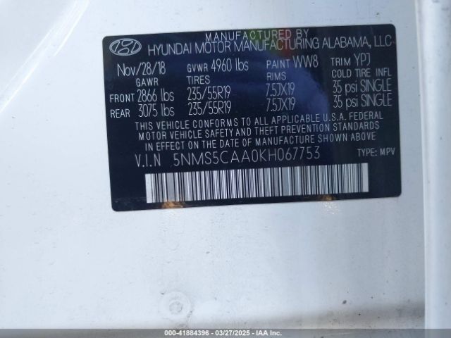 5NMS5CAA0KH067753 Hyundai Santa Fe Limited 2.0t