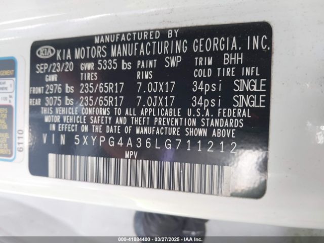 5XYPG4A36LG711212 KIA Sorento 2.4l Lx