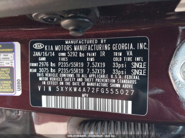 5XYKW4A72FG555027 KIA Sorento Sx V6
