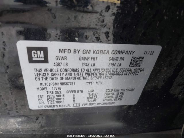 KL7CJPSM1NB567751 Chevrolet Trax Awd Lt
